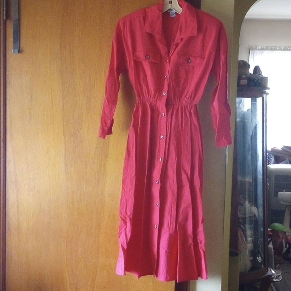 Impromptu Red/Pink Cotton Button Down Midi Dress w/ Collar & Pockets, Size 7/8